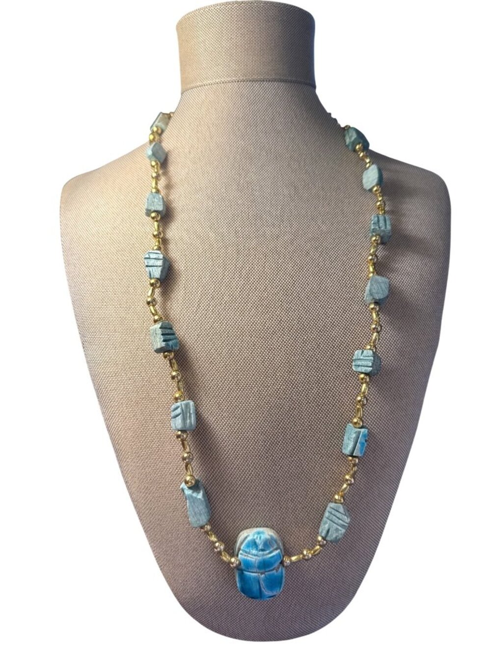 Egyptian Revival Blue Scarab Beaded Necklace Gold Tone Earthy Boho Textured READ